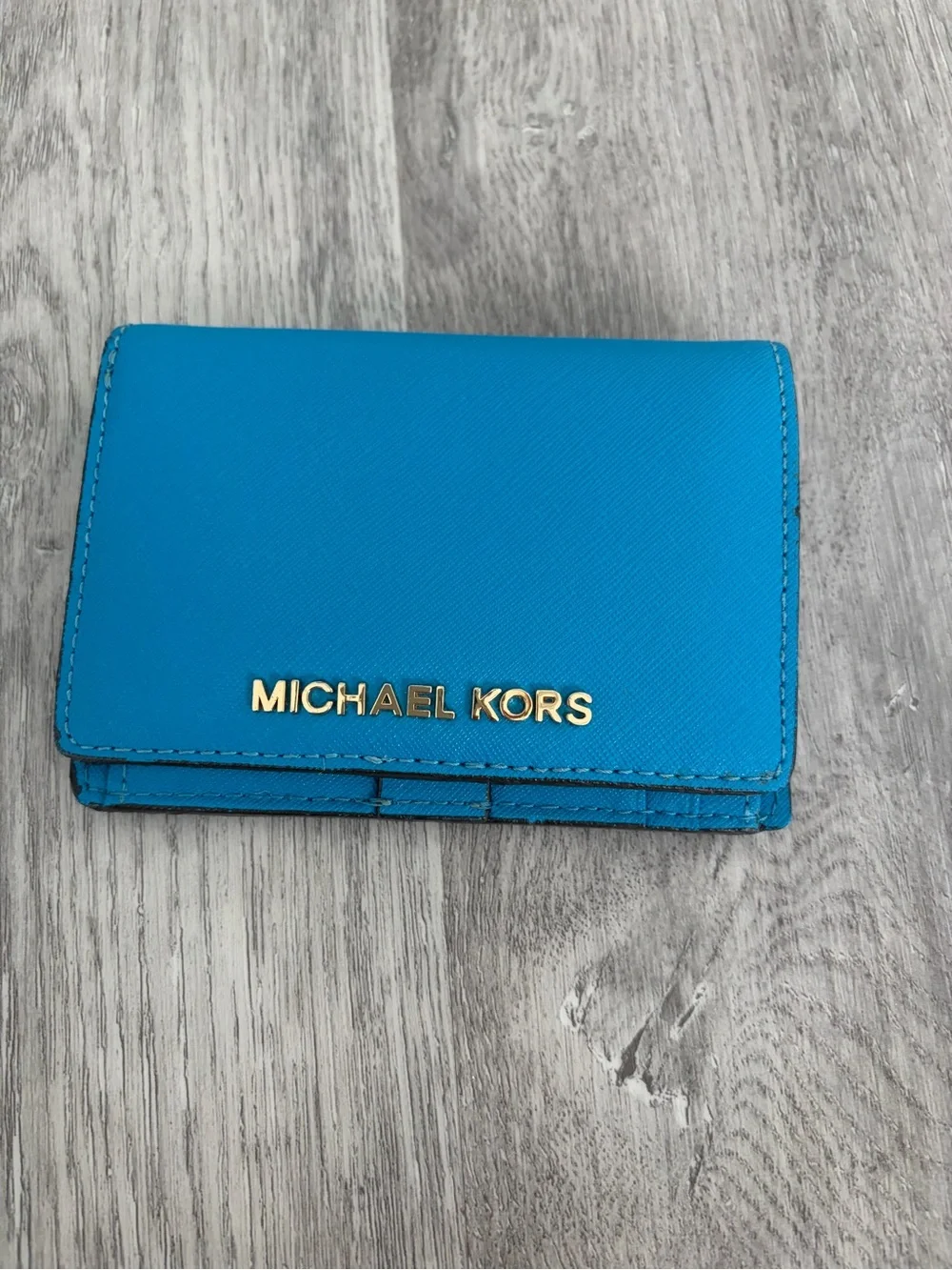 Michael Kors Bright Blue Saffiano Leather Card Case with Gold Logo